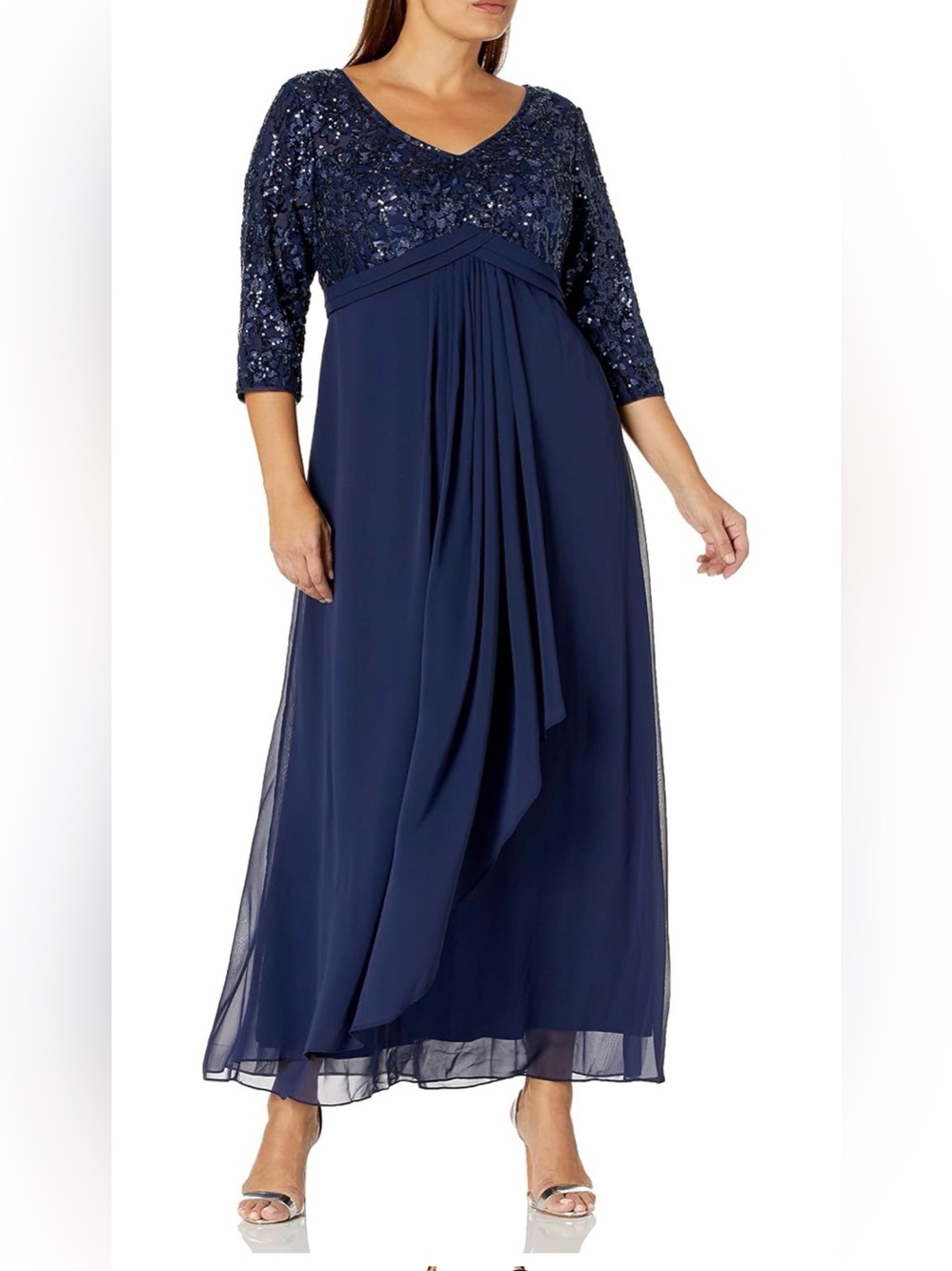 NWT Alex Evenings Sequin Empire Waist Gown Navy Formal Dress Women’s Size 16